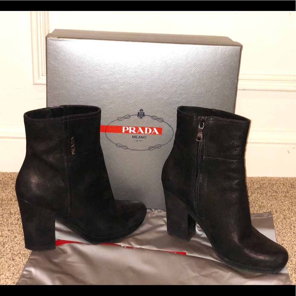 Prada Black suede leather booties.